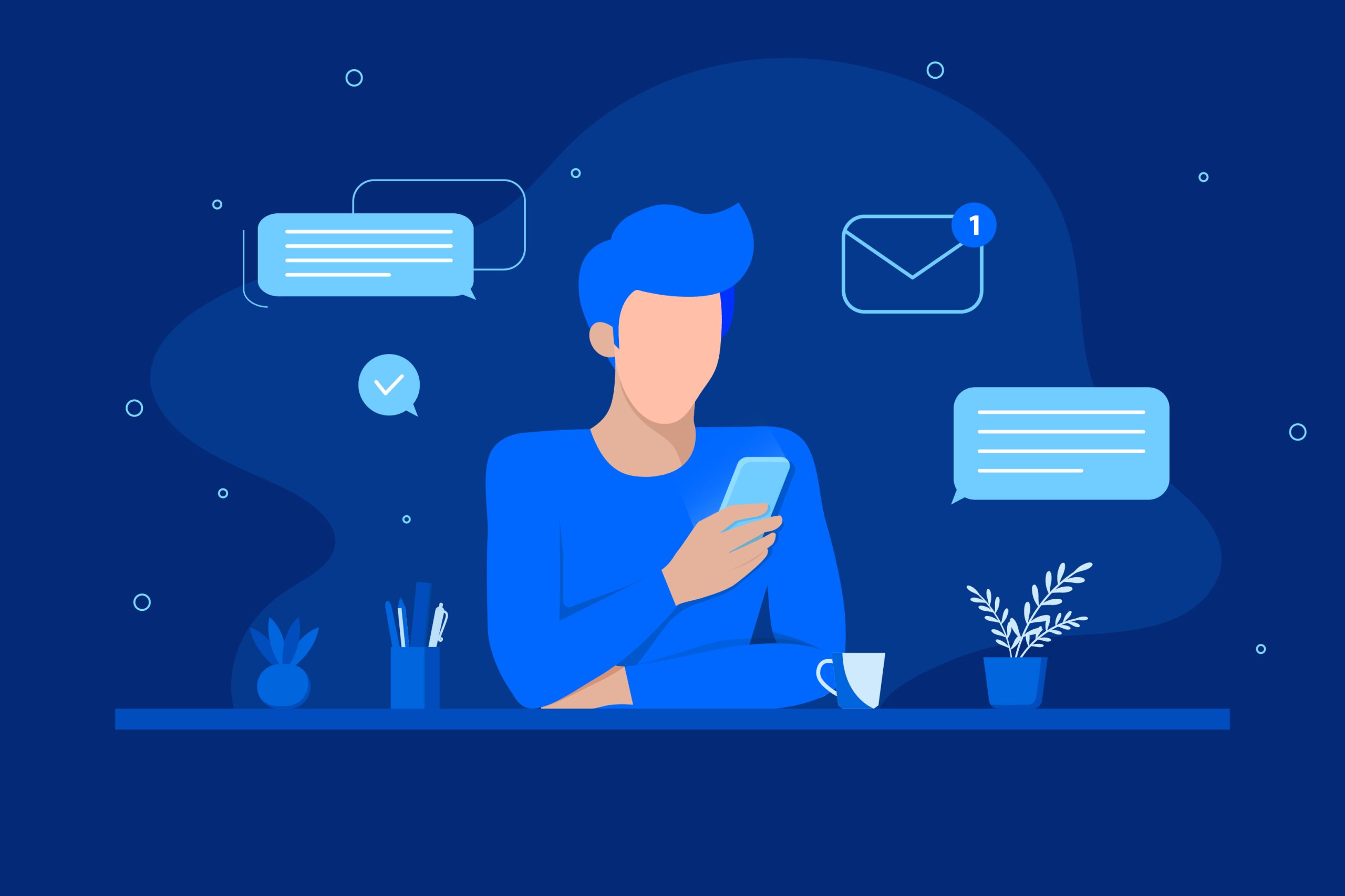 Person holding phone surrounded by message icons, symbolizing personalized SMS campaigns for follow-ups, lead nurturing, and reactivation.
