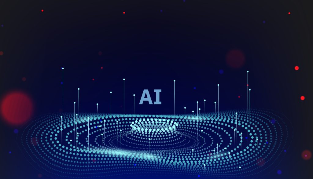 AI letters surrounded by circular motion of sparkling dots, symbolizing smart automation and human-AI collaboration in outreach.